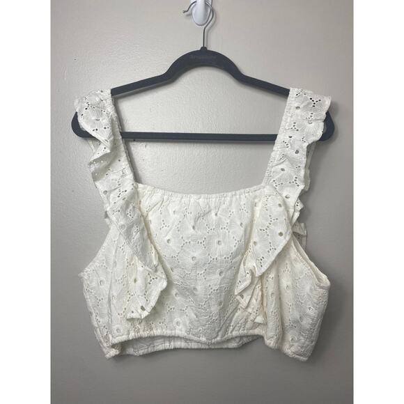 NWT 7 FOR ALL MANKIND TOP EYELET LACE CROCHET RUFFLE CROP COTTAGECORE COQUETTE - Picture 2 of 9